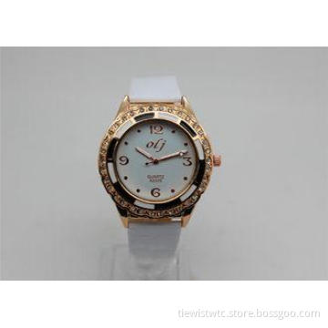Leather strap round ladies diamond watches gold color epoxy